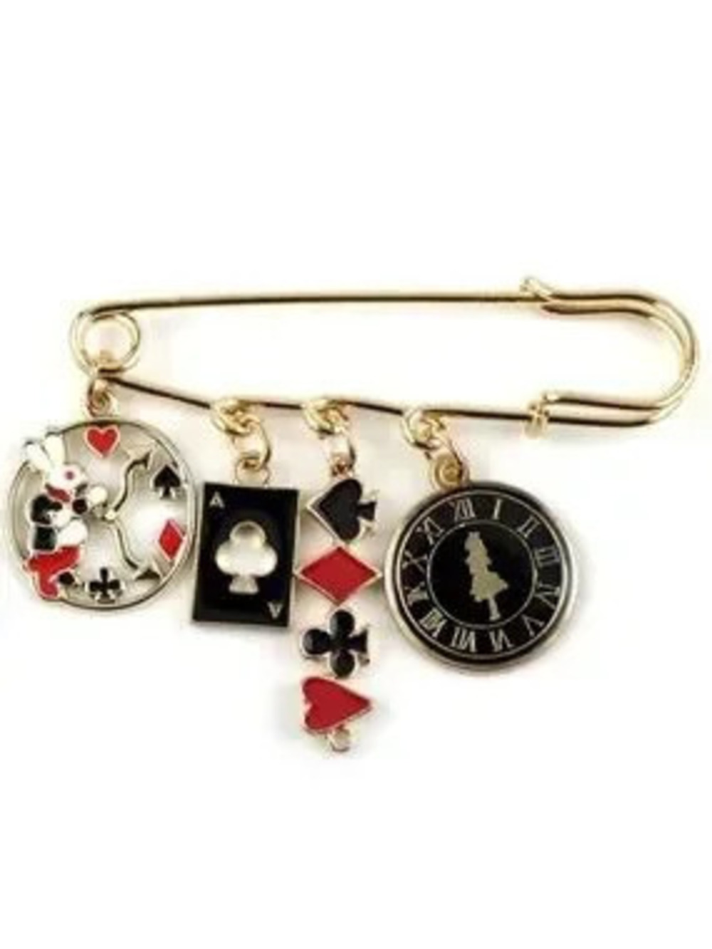 Anthropologie Gold-Tone Alice Charm Safety Pin Brooch - Black & Red